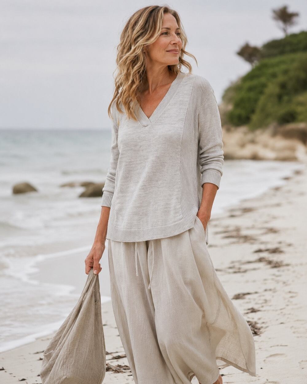 Poetry Gray Cotton Wool V Neck Sweater 12/14 Quiet Luxury Lagenlook Coastal